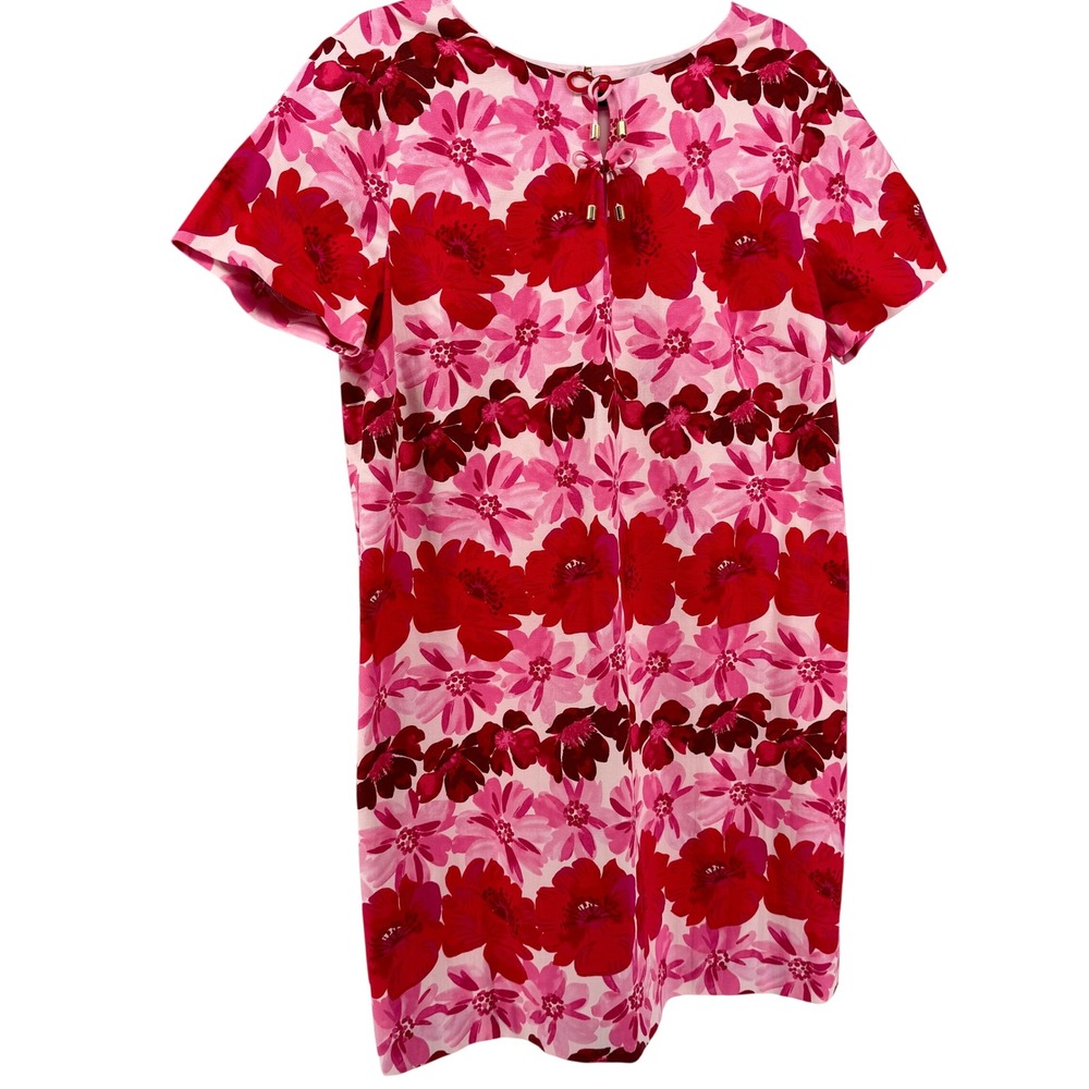 NWT Talbots Floral Keyhole Shift Dress Size 16 Red Pink Tie Front Ottoman